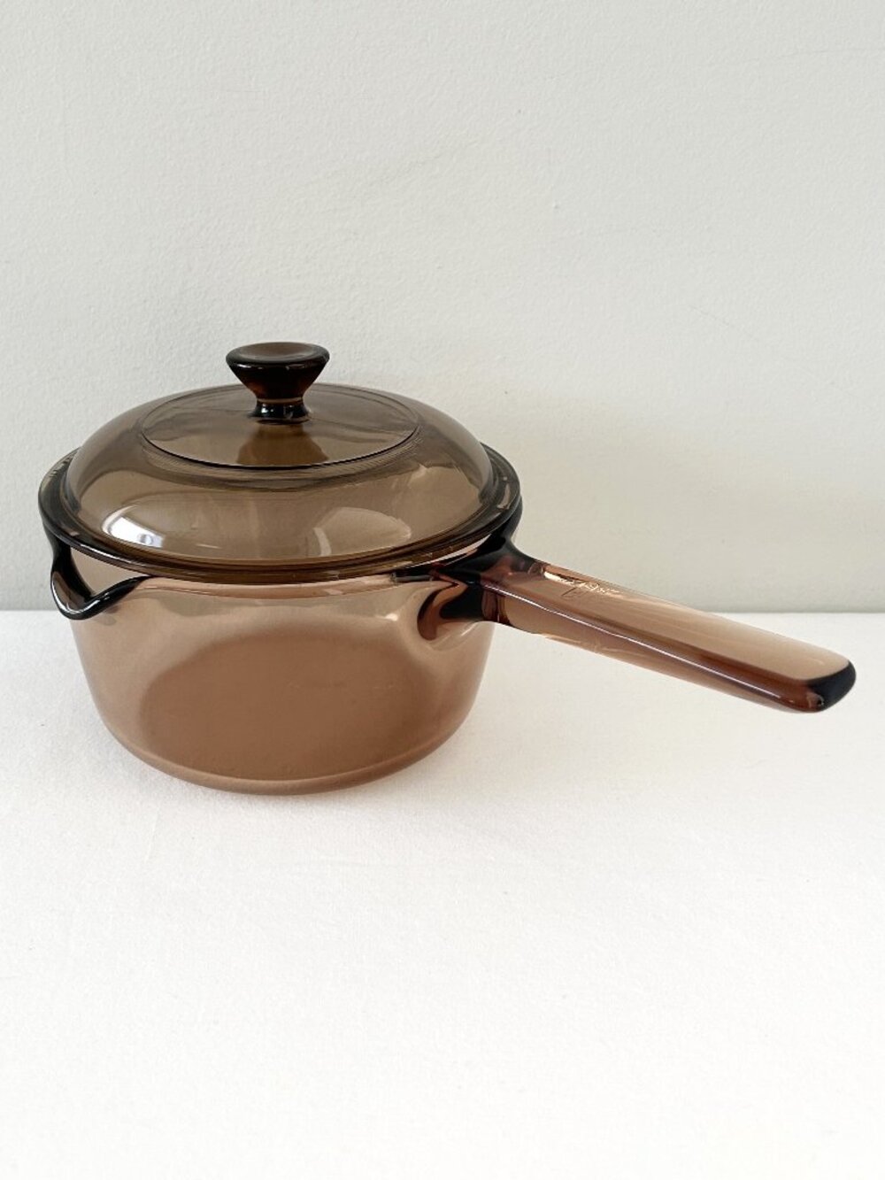 Vintage Corning Visions Amber Glass 1 Liter Saucepan with Lid Brown Pyrex USA